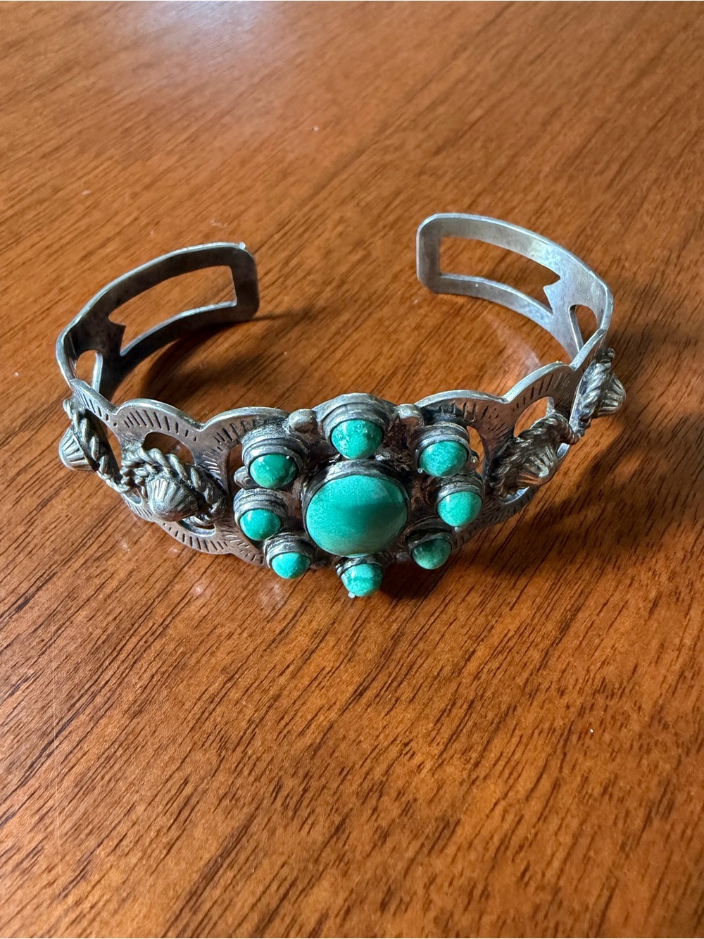 Antiqued Sterling Silver and Turquoise Cluster Cuff Bracelet Navajo Boho Chic